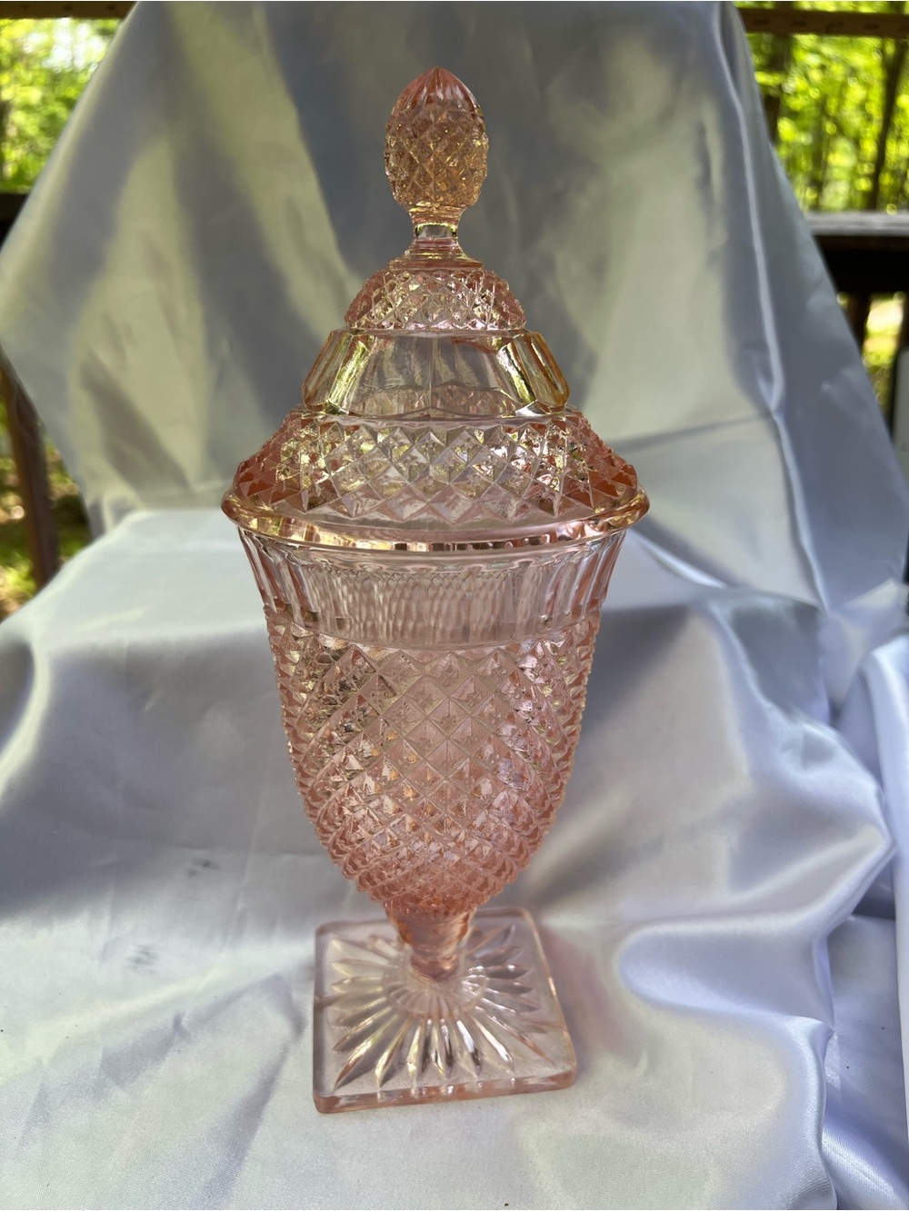 Anchor Hocking depression glass candy dish with cover in Miss America pattern